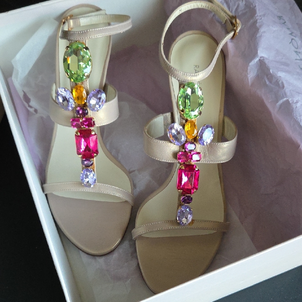Ramon Tenza Nude T-Strap Sandals with Multi-Color Gemstones